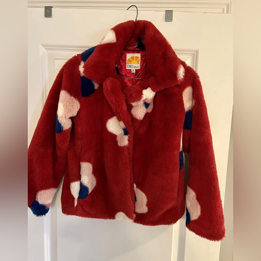 C&C California Red Plush Teddy Bear Faux Fur Coat 10 Girls Pockets Flower Power